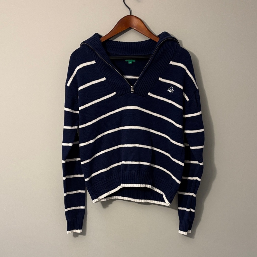 United Colors Of Benetton Striped Navy V-Neck Sweater